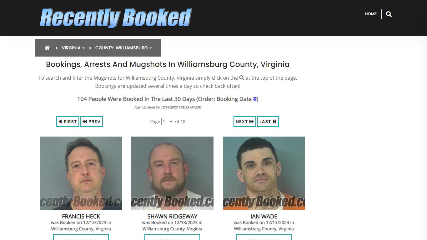 Bookings, Arrests and Mugshots in Williamsburg County, Virginia